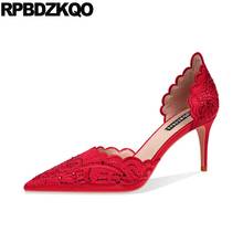 Zapatos de salón de flores con bordado de cristal para dama de honor, tacones altos de satén, hechos a mano, Punta puntiaguda, Stiletto rojo, para novia 2024 - compra barato