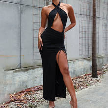 Sexy Women Front Cross Halter Backless Maxi Dress Irregular Hollow Out Waist Drawstring Ruched High Split Gown Club Party Robe 2024 - buy cheap