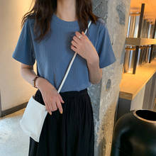 Tingyili básico t camisa feminina verão coreano planície rosa verde café azul preto branco t camisas de manga curta camisa de malha topo 2024 - compre barato