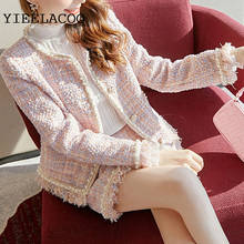 Conjunto profissional de terno rosa jaqueta tweed + saia terno outono/inverno jaqueta feminina conjunto de saia elegante com 2 peças 2024 - compre barato