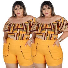 Conjunto de dos piezas con estampado de rayas para mujer, ropa informal de talla grande con cuello de barco, Mini pantalones cortos de cintura alta 2024 - compra barato