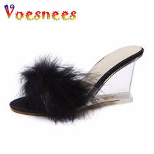 Voesnees Women Slippers Clear Heel 8 cm Ultra High Heels Women's Shoes Fur Wedge Comfortable Crystal Transparent Wedding Shoes 2024 - buy cheap