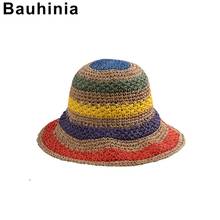 Bauhinia-Sombrero de Sol de ala grande con rayas coloridas coreanas, sombrero de paja tejido a mano, protector solar para vacaciones, Playa 2024 - compra barato