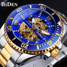 Biden mostrador de diamante esqueleto azul dourado, automático à prova d'água pulseira de aço inoxidável luminoso de mão algarismos romanos, relógio mecânico 2024 - compre barato
