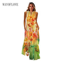 MOVOKAKA Spring Summer Sleeveless Long Dress Women Casual Beach Holiday Loose Dresses Elegant Party Yellow Leaf Print Maxi Dress 2024 - buy cheap