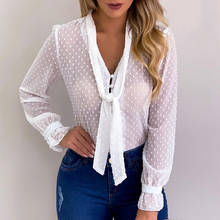 Womens Polka Dot Tops And Blouses Fashion Button Tie Long Sleeve Shirt Sexy See Through Top Women Sexy Shirt Transparent Top 2024 - buy cheap