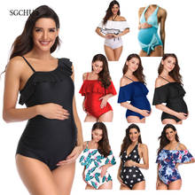 SGCHUA New Ruffle Flounced One Piece Swimsuit Pregnant Woman Plus Size 5XL Solid Red Black Maternity Swimwear Beach Bathing Suit 2024 - buy cheap