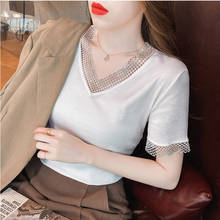 Ggdireto camiseta de algodão com decote em v, camiseta feminina coreana, manga curta de verão 2021, roupas femininas, camisetas para mulheres 2024 - compre barato
