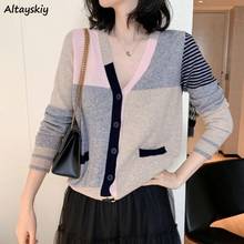 Cardigan Womens Autumn V-neck Long Sleeve Thin Patchwork Colorful Loose Elegant Leisure Korean Style Tops Outwear Knitted New 2024 - buy cheap