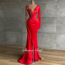 Elegant Red Mermaid Satin Evening Dress Long Sleeve Arabic Women Formal Gowns Royal Blue Slit Dubai Wedding Party Prom Dresses 2024 - buy cheap
