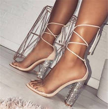 Women Bling Bling Rhinestone Chunky Heel Gladiator Sandals PVC Straps Open toe Lace-up Crystal Thick High Heel Sandals Shoes 2024 - buy cheap