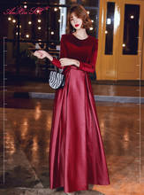 Винтажное бархатное атласное длинное платье-трапеция AnXin SH, винно-красное вечернее платье принцессы с круглым вырезом и длинным рукавом, маленькое черное платье 2024 - купить недорого
