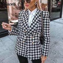 Yojoceli 2019 outono inverno xadrez tweed blazer casaco elegante outerwear breasted casacos streetwear 2024 - compre barato