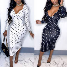 Sexy Vintage Women Polka Dot Bodycon Dress Fashion New Lady Long Sleeve Deep V Neck Midi Dress Clubwear for Autumn Spring 2024 - buy cheap