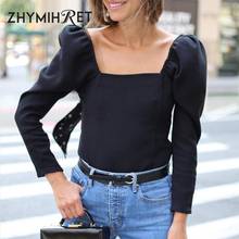 ZHYMIHRET Vintage Black Square Collar T Shirt 2019 Autumn Puff Sleeve Tshirt Backless Camiseta Mujer Streetwear Fashion Tops 2024 - buy cheap