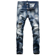 Europeu americano streetwear moda masculina jeans retro azul magro ajuste rasgado jeans remendos designer de hip hop denim calças do punk 2024 - compre barato