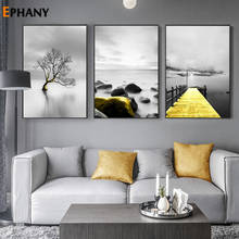 Preto branco paisagem lona cartaz nórdico ponte amarela arte da parede nebuloso oceano impressão pintura imagem escandinavo decoração para casa 2024 - compre barato
