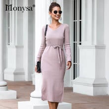 Casual Knitted Dresses Women 2019 New Arrival Autumn Winter Long Sleeve V Neck Dress Ladies Elegant Midi Dress With Lace Belt 2024 - buy cheap