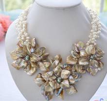 Fashion jewelry Free Shipping  Handmade 3row 18" white rice pearl shell Knitting flower necklace AAA style Fine Noble real Natur 2024 - buy cheap