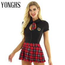 Womens School Students Cosplay Costume Outfit Back Lace Up Top Plaid Pleated Mini Skirt with G-string and Tie for Roleplay Games 2024 - buy cheap