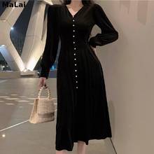 Vestido feminino vintage francês elegante, moda outono 2021, gola v, manga bufante, escritório, estilo coreano 2024 - compre barato
