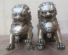 1 Pair Chinese FengShui Tibet Silver Lion /Foo Fu Dog Statue High:15CM /item Tibet Silver decoration bronze factory outlets 2024 - buy cheap