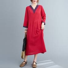 Women Loose Casual Dress New 2020 Autumn Vintage Style Solid Color Lace V-neck Loose Female Cotton Linen Long Dresses S2780 2024 - compre barato