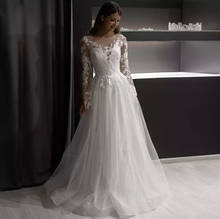 Elegant Wedding Dress A-Line Sheer Neck Full Sleeve Lace Appliques Sequined Button Floor Length Sweep Train Bride Gown New 2024 - buy cheap