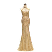 Vestido de noche largo dorado de lujo para mujer, vestido de noche con cuello Halter, cuentas de cristal hechas A mano, línea A, árabe, Dubái, Formal, 2020 2024 - compra barato