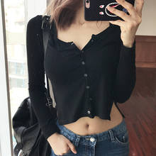 Button Cardigan Thin Shirts Sexy Short Top Long Sleeve Split Solid Blouses 2021 Summer V-neck Autumn Casual Clothes Blouse New 2024 - buy cheap