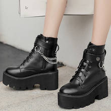 Bota feminina couro salto gótico e preto, calçado plataforma estilo punk 2024 - compre barato