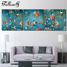 Fullcang-kit de pintura tríptico com flores e pássaros, faça você mesmo, broca redonda, kit de mosaico 5d fc2499 2024 - compre barato