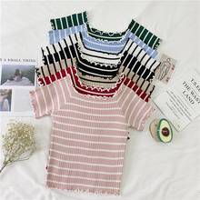 Slash Neck Striped T-shirts Women Girl Knitted Short Sleeve Ruffles Summer T-shirt Tops Off Shoulder Flounce Hem Tees 2024 - buy cheap