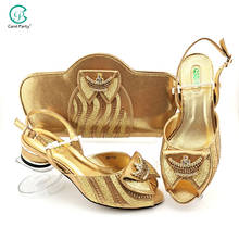 Zapatos de tacón bajo señora, calzado de diseño italiano, nigeriano, zapatos y Bolsa, Color dorado, para fiesta y boda, 2021 2024 - compra barato
