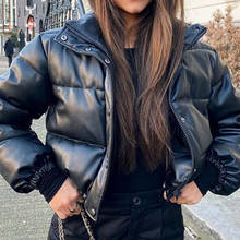 Jaqueta de inverno feminina, casaco curto quente de couro pu preto, jaqueta feminina fashion com zíper elegante de algodão 2024 - compre barato