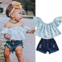 2Pcs Kid Baby Girls Summer Clothing Off Shoulder Floral Print Crop Tops + Denim Ripped Hole Shorts Children Clothes Sets 2-6 Y 2024 - buy cheap