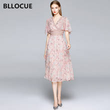 Bllocue doce rosa vestido de impressão 2020 verão borboleta manga renda de cintura alta com decote em v moda floral a line vestido vestidos 2024 - compre barato