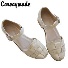 Careaymade-Sandalias de piel auténtica hechas a mano para niña, zapatos planos de arte retro mori, zapatos clásicos Retro, 2 colores 2024 - compra barato