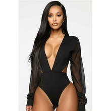 Novo bodysuit para mulheres, feminino, sexy, gola em v, renda, transparente, manga longa, costas nuas, bodycon, patchwork, macacão 2024 - compre barato