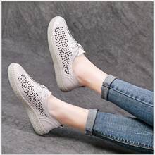 Sapatilhas de couro genuíno feito à mão femininas sapatos baixos para mulheres sapatos casuais ocos mocassins brancos para enfermeiras e lona 2024 - compre barato
