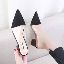 2020New Summer Slippers Women Shoes Woman Mules Transparent Fashion Pointed Toe Flock Square High Heels Slides Sexy Ladies Shoes 2024 - buy cheap