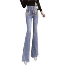 Calça jeans feminina tamanhos grandes, calça jeans azul da moda com borla, cintura alta, plus size 2024 - compre barato