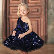 Novo vestido de festa tule brilhante azul profundo, vestidos de princesa para meninas, um ombro, vestido infantil de baile de aniversário, vestido de flores 2024 - compre barato