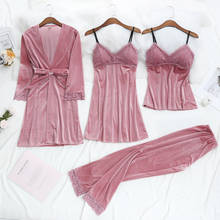 Conjunto de Pijama de terciopelo dorado para mujer, ropa de dormir Sexy con cuello en V, lencería suave, 4 piezas 2024 - compra barato