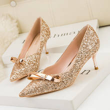 2021 NEW Sexy Sequins Sweet Butterfly-knot Women Shoes Pointed Toe High Heels Shoes Shallow Women's Fashion Wedding Shoes 2024 - buy cheap
