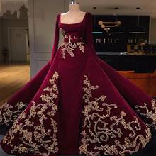 Dark Red robe de soiree Overskirts Evening Dresses With Sash Scoop Lace Appliques Muslim Prom Dress African Full Sleeves 2024 - buy cheap