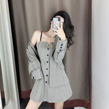 Fashion plaid women blazer suits Long sleeve two buttons blazer dress set casual ladies two-piece blazer sets 2024 - buy cheap