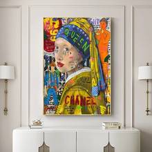 Graffiti arte de pared chica con un pendiente de perla lienzo pinturas famosas arte callejero carteles e impresiones imágenes para decoración del hogar 2024 - compra barato