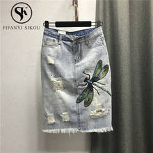 Dragonfly Embroidery Denim Skirt Women Fashion Beading Hole High waist Knee Length Skirt Female Loose A-Line Jeans Skirts 2020 2024 - buy cheap