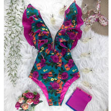 Bañador con volantes para mujer, traje de baño de una pieza con estampado Floral, cuello de pico profundo, Push Up, sin espalda, Retro, Monokini para playa 2024 - compra barato